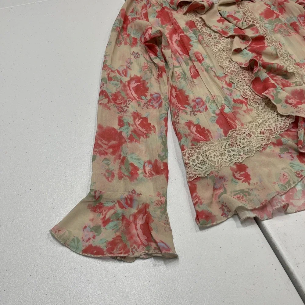 Free People Top Ivory Pink Floral‎ Ruffle Button Down Size M Victorian Feminine